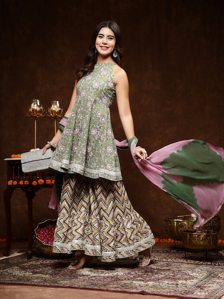 Green Floral Printed Katha Cotton Flared Kurta Sharara Dupatta Set