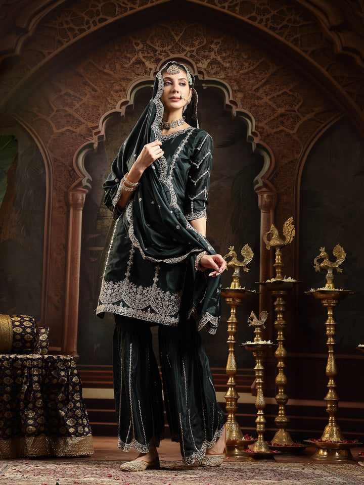 Green Solid &amp; Embroidered Chinon Straight Kurta Sharara Dupatta Set