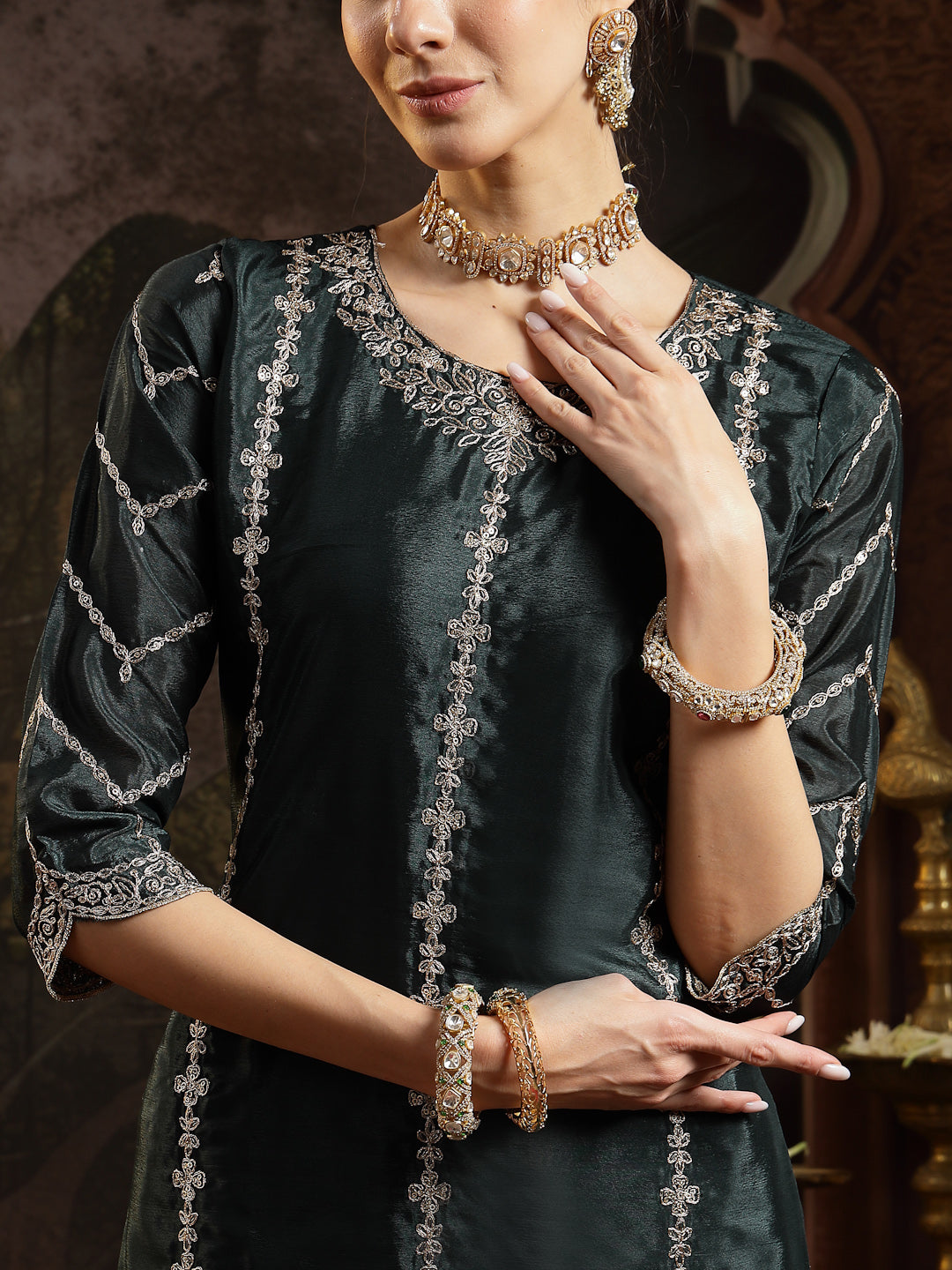 Green Solid &amp; Embroidered Chinon Straight Kurta Sharara Dupatta Set