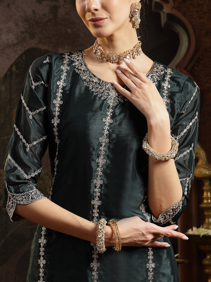 Green Solid &amp; Embroidered Chinon Straight Kurta Sharara Dupatta Set