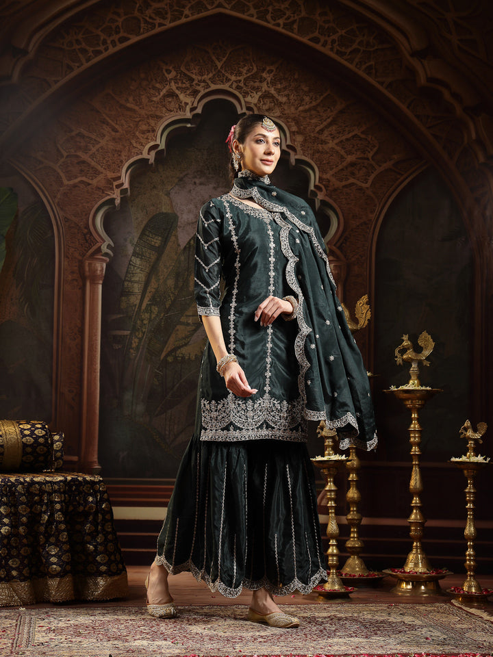 Green Solid &amp; Embroidered Chinon Straight Kurta Sharara Dupatta Set