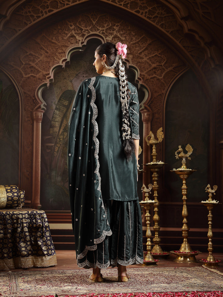Green Solid &amp; Embroidered Chinon Straight Kurta Sharara Dupatta Set