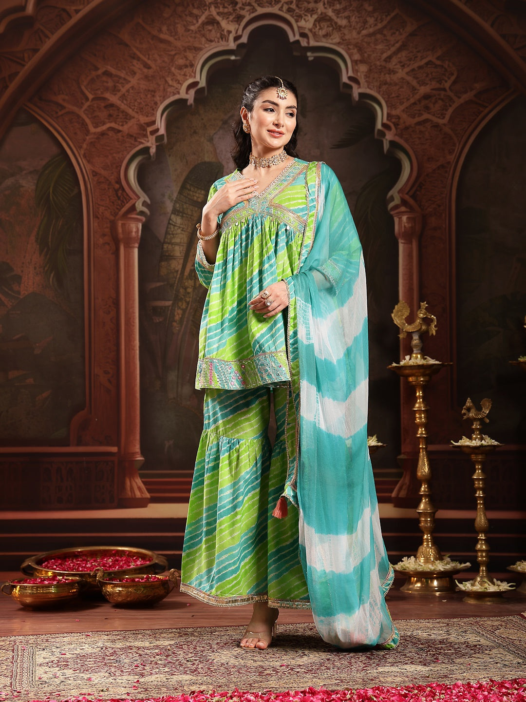 Green Leheriya Printed &amp; Embroidered Cotton A-Line Short Kurti Sharara Dupatta Set