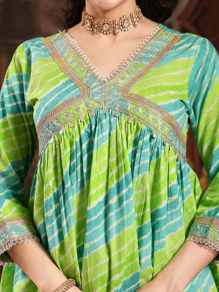 Green Leheriya Printed &amp; Embroidered Cotton A-Line Short Kurti Sharara Dupatta Set