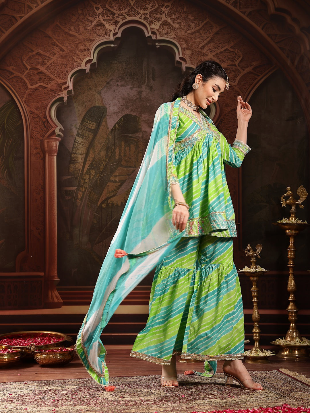 Green Leheriya Printed &amp; Embroidered Cotton A-Line Short Kurti Sharara Dupatta Set