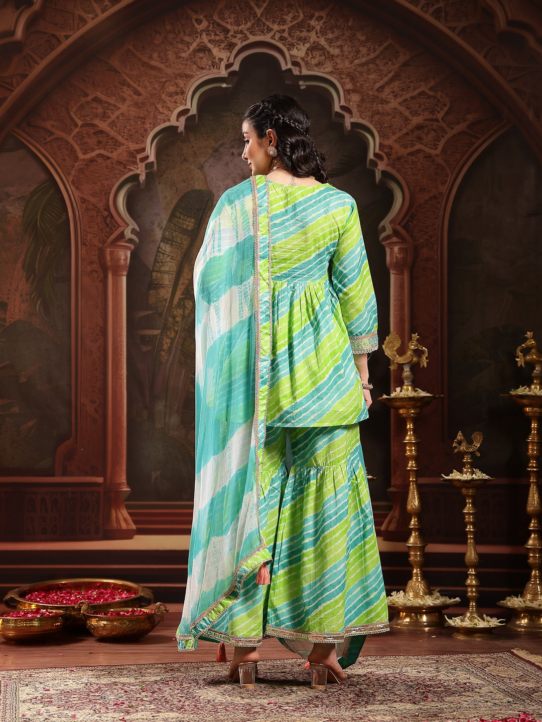 Green Leheriya Printed &amp; Embroidered Cotton A-Line Short Kurti Sharara Dupatta Set