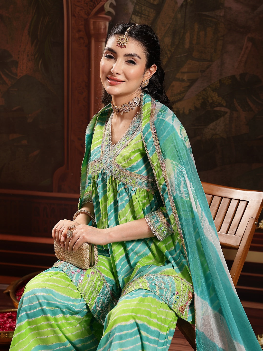 Green Leheriya Printed &amp; Embroidered Cotton A-Line Short Kurti Sharara Dupatta Set