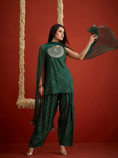 Bandhej Printed & Embroidered Rayon Straight Short Kurti Farshi Salwar Salwar Dupatta Set