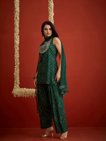 Bandhej Printed & Embroidered Rayon Straight Short Kurti Farshi Salwar Salwar Dupatta Set