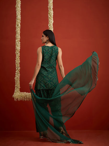 Bandhej Printed & Embroidered Rayon Straight Short Kurti Farshi Salwar Salwar Dupatta Set