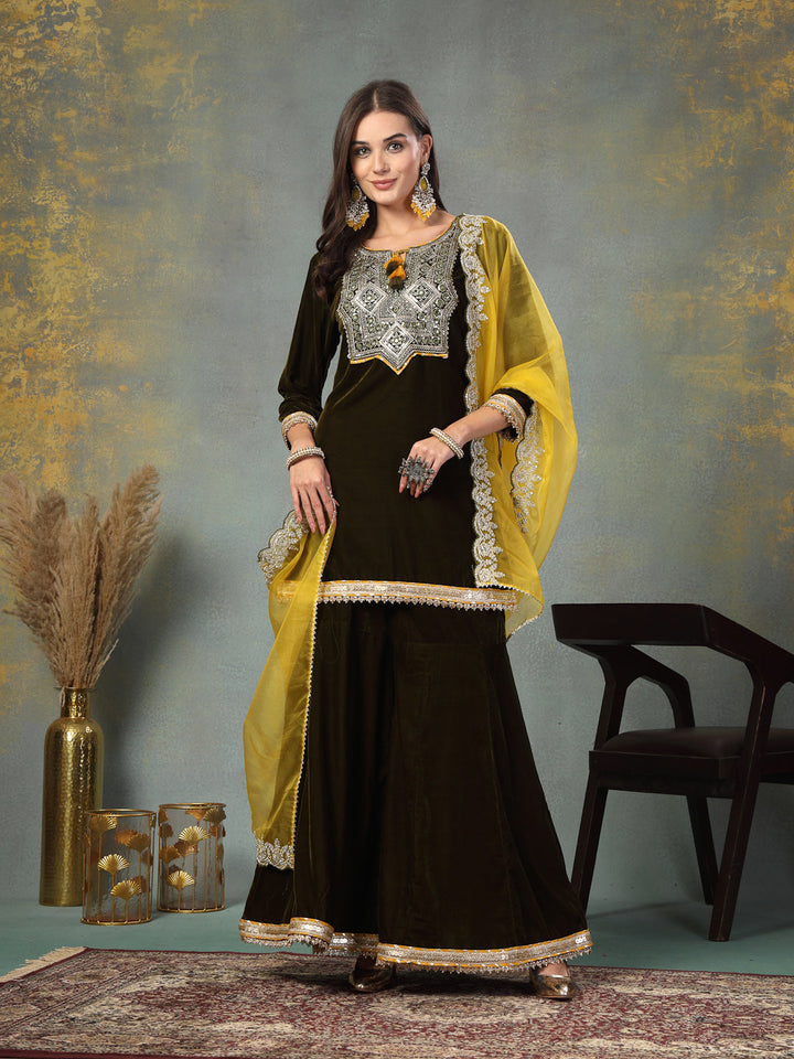 Green Solid &amp; Embroidered Velvet Straight Short Kurta Sharara Dupatta Set