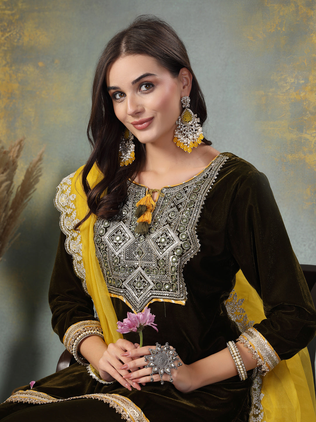 Green Solid &amp; Embroidered Velvet Straight Short Kurta Sharara Dupatta Set