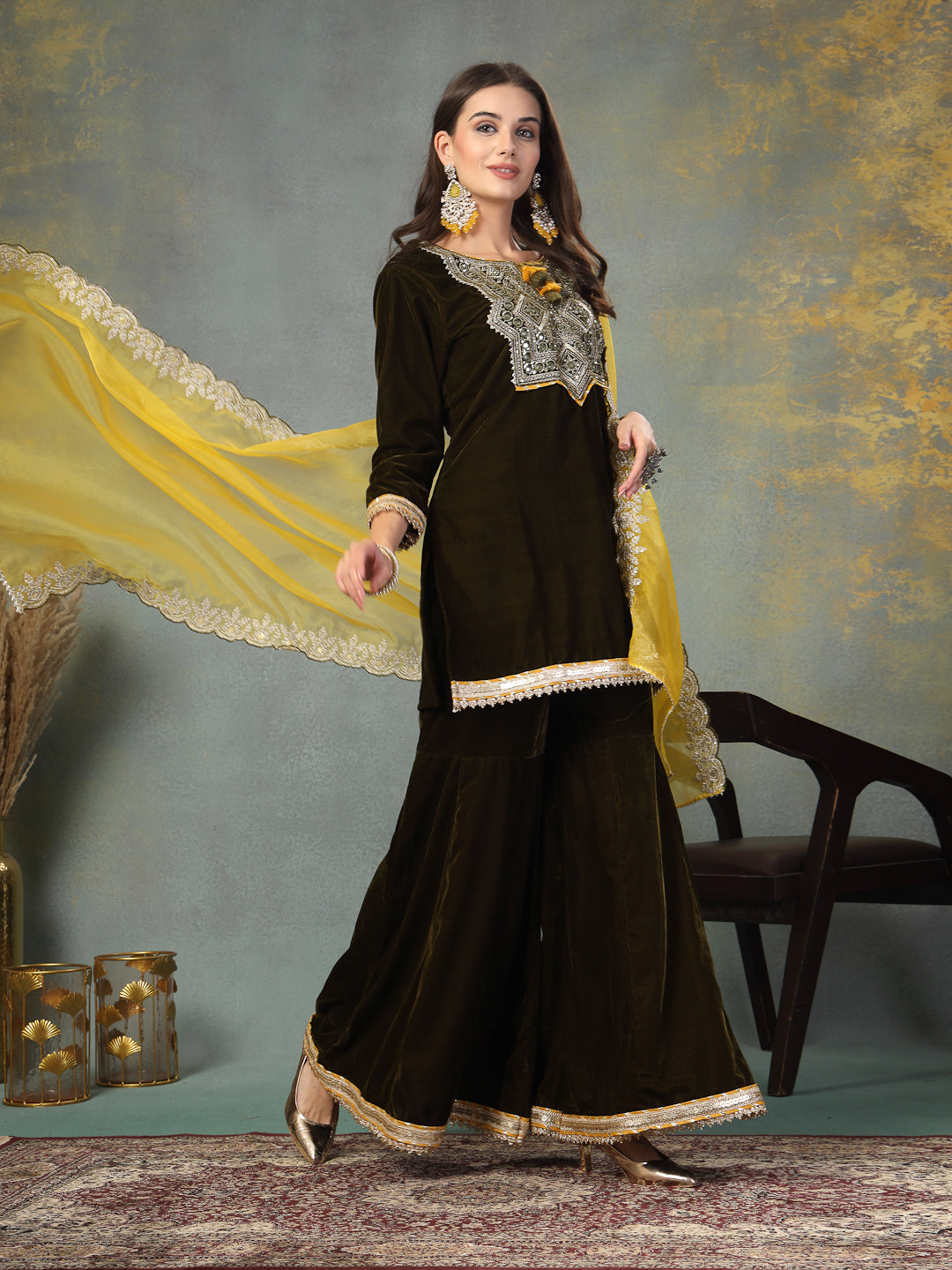 Green Solid &amp; Embroidered Velvet Straight Short Kurta Sharara Dupatta Set