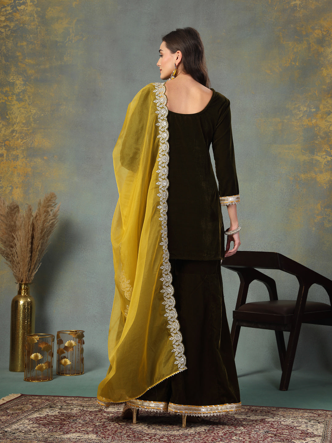 Green Solid &amp; Embroidered Velvet Straight Short Kurta Sharara Dupatta Set