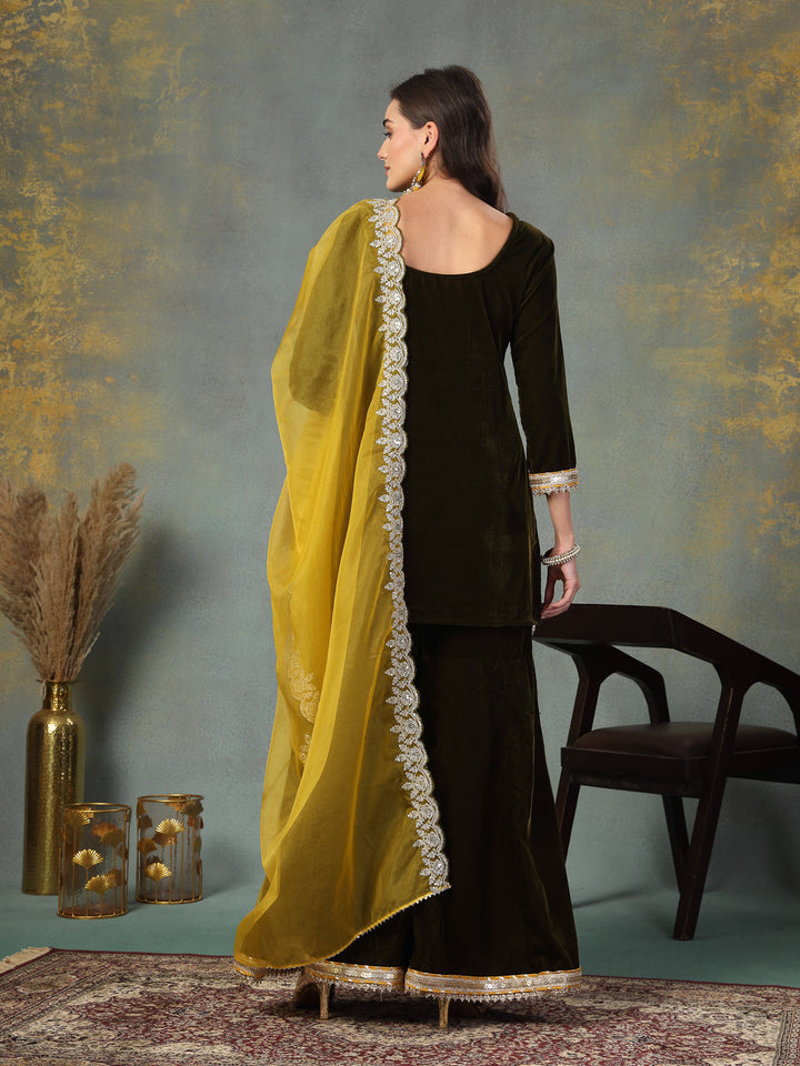 Green Solid &amp; Embroidered Velvet Straight Short Kurta Sharara Dupatta Set