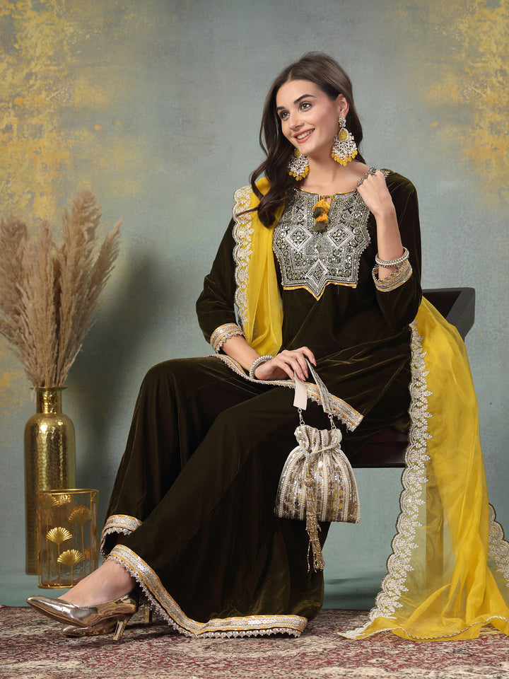 Green Solid &amp; Embroidered Velvet Straight Short Kurta Sharara Dupatta Set