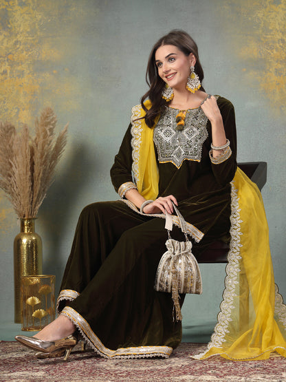 Green Solid & Embroidered Velvet Straight Short Kurta Sharara Dupatta Set (Pre-Order)