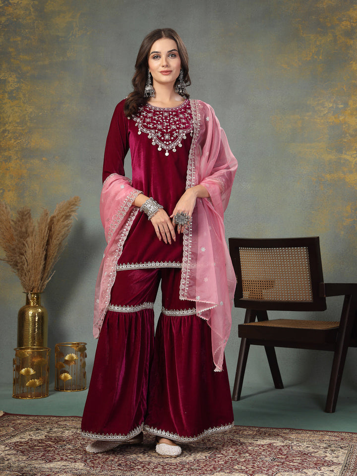 Magenta Solid &amp; Embroidered Velvet Straight Short Kurta Sharara Dupatta Set