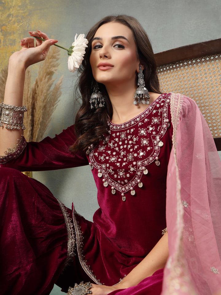 Magenta Solid &amp; Embroidered Velvet Straight Short Kurta Sharara Dupatta Set