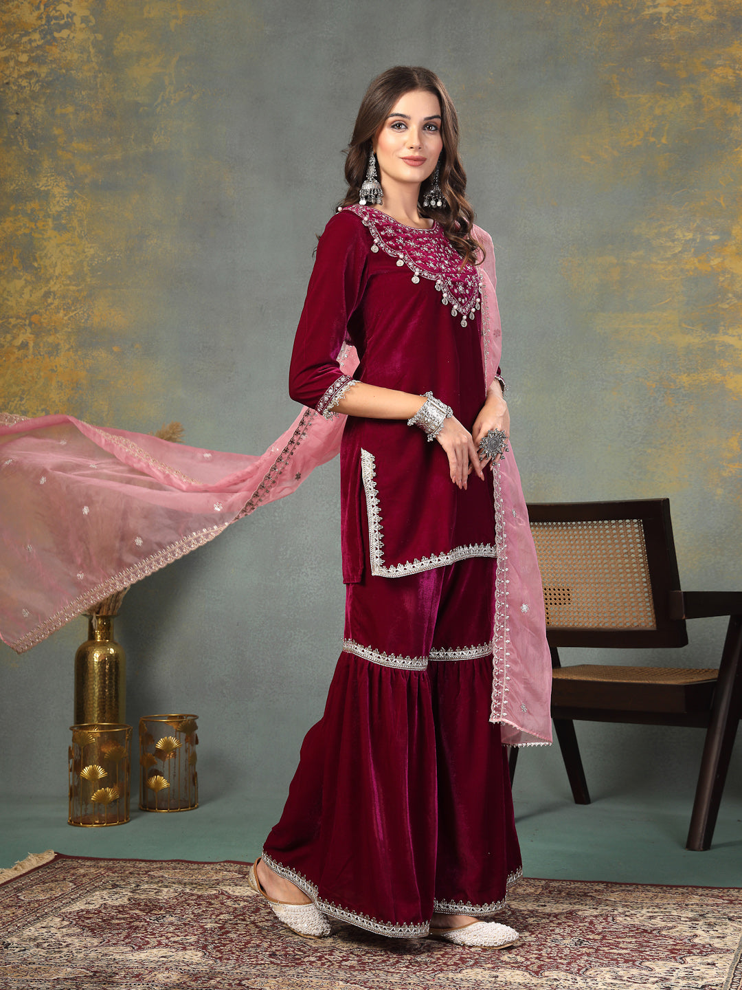 Magenta Solid &amp; Embroidered Velvet Straight Short Kurta Sharara Dupatta Set