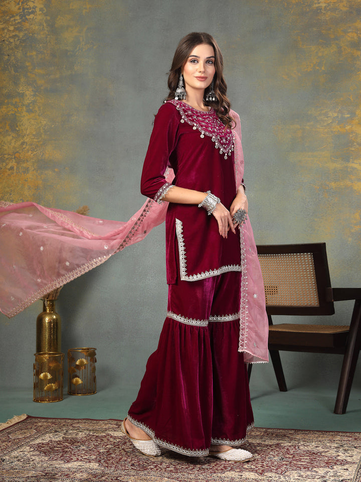 Magenta Solid &amp; Embroidered Velvet Straight Short Kurta Sharara Dupatta Set