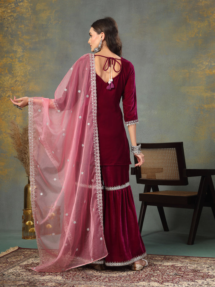 Magenta Solid &amp; Embroidered Velvet Straight Short Kurta Sharara Dupatta Set