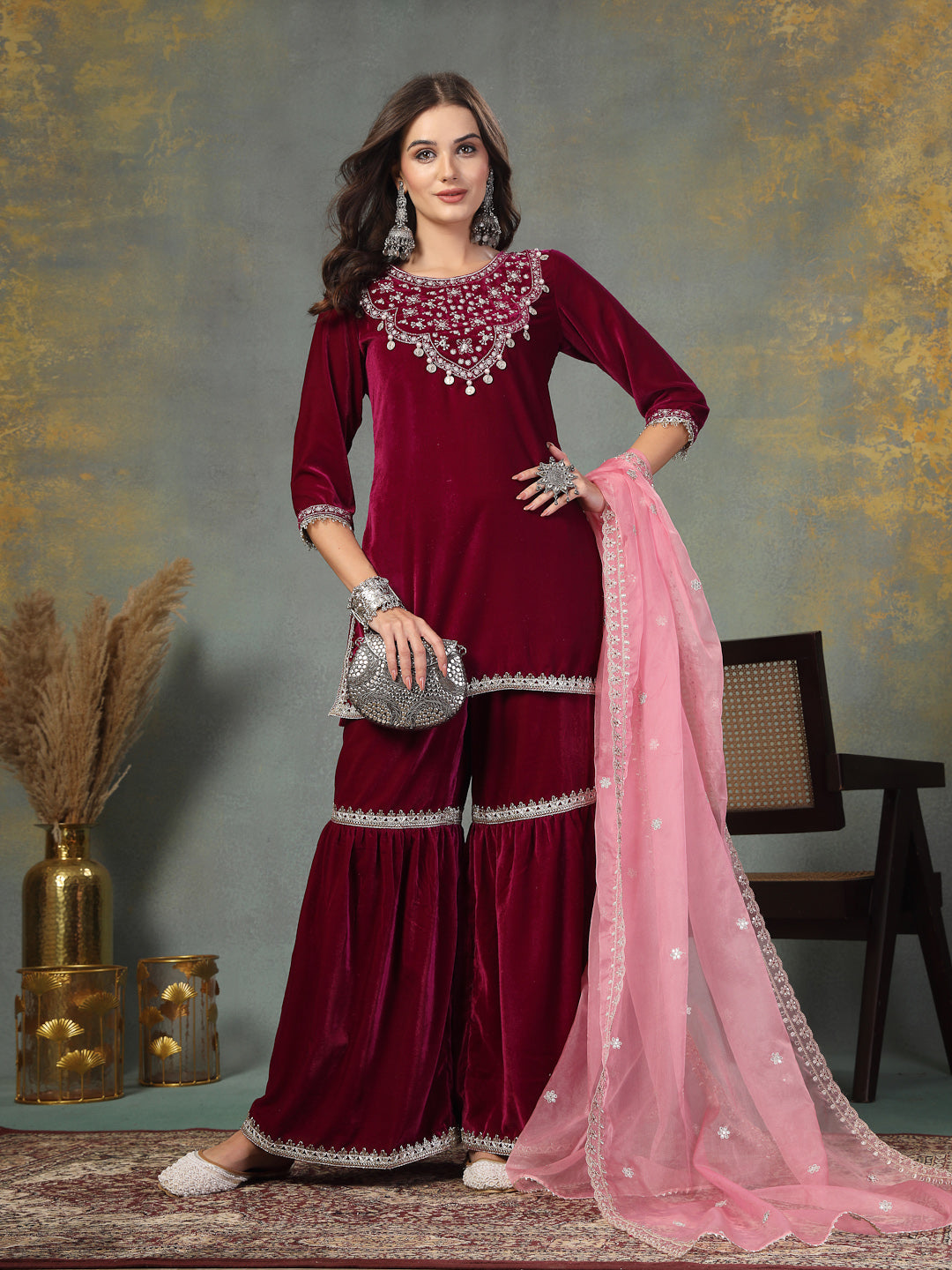 Magenta Solid &amp; Embroidered Velvet Straight Short Kurta Sharara Dupatta Set