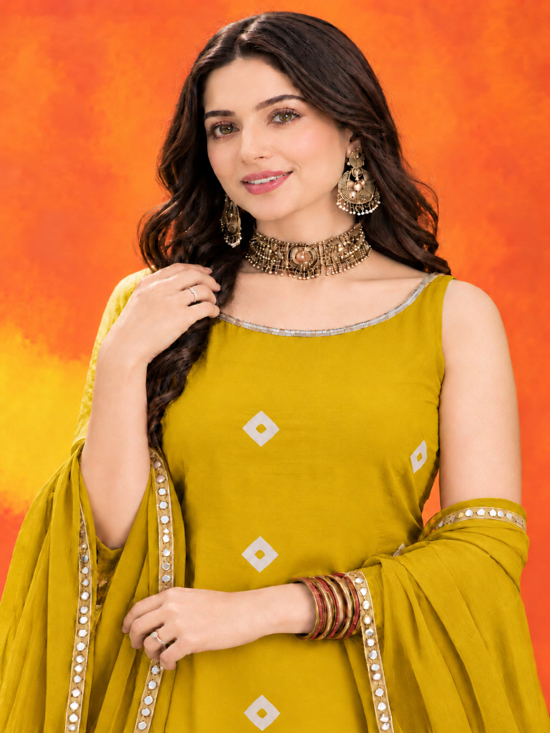 Bandhani Printed Rayon Straight Short Kurti Skirt Dupatta Set