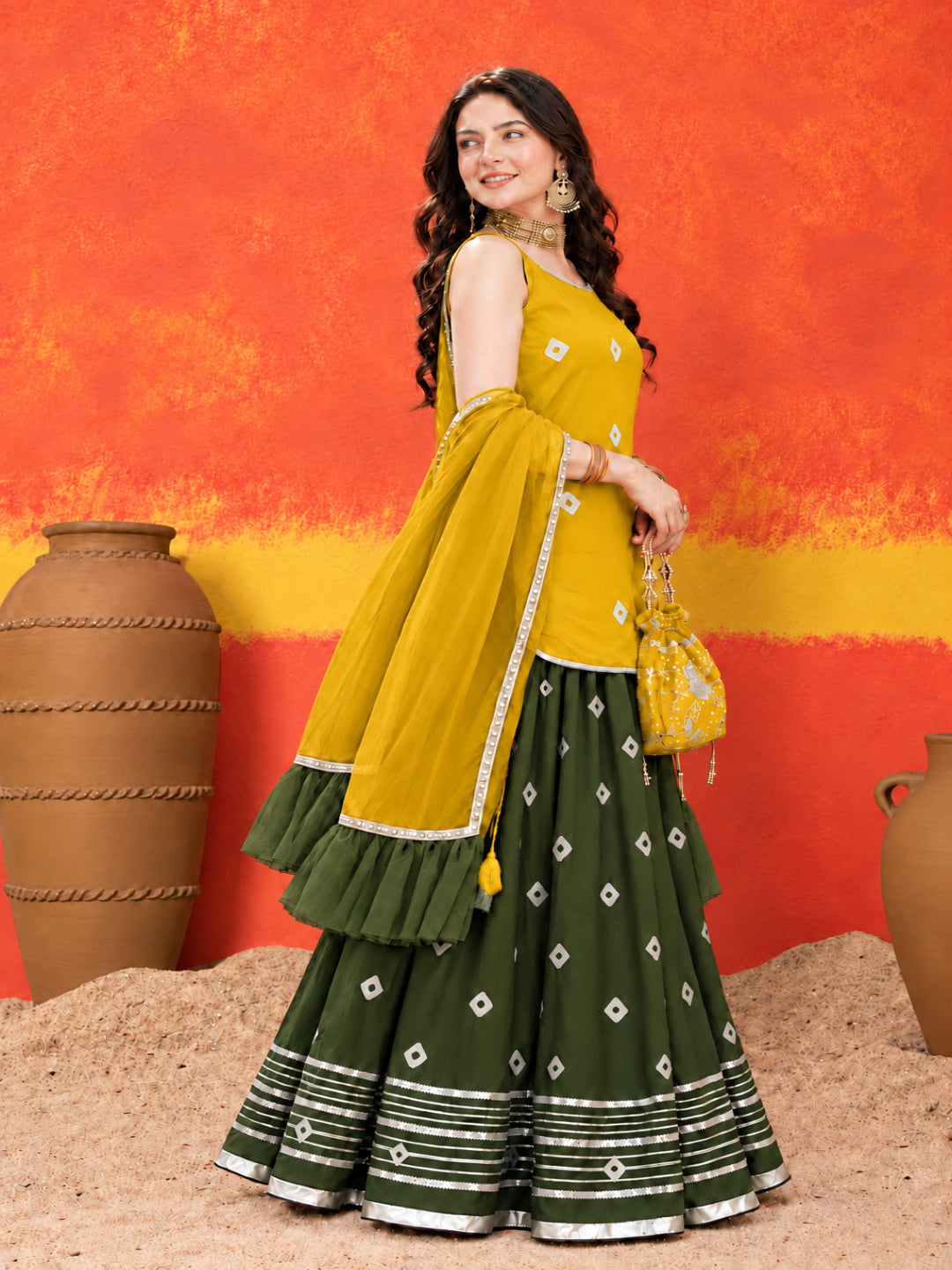 Bandhani Printed Rayon Straight Short Kurti Skirt Dupatta Set