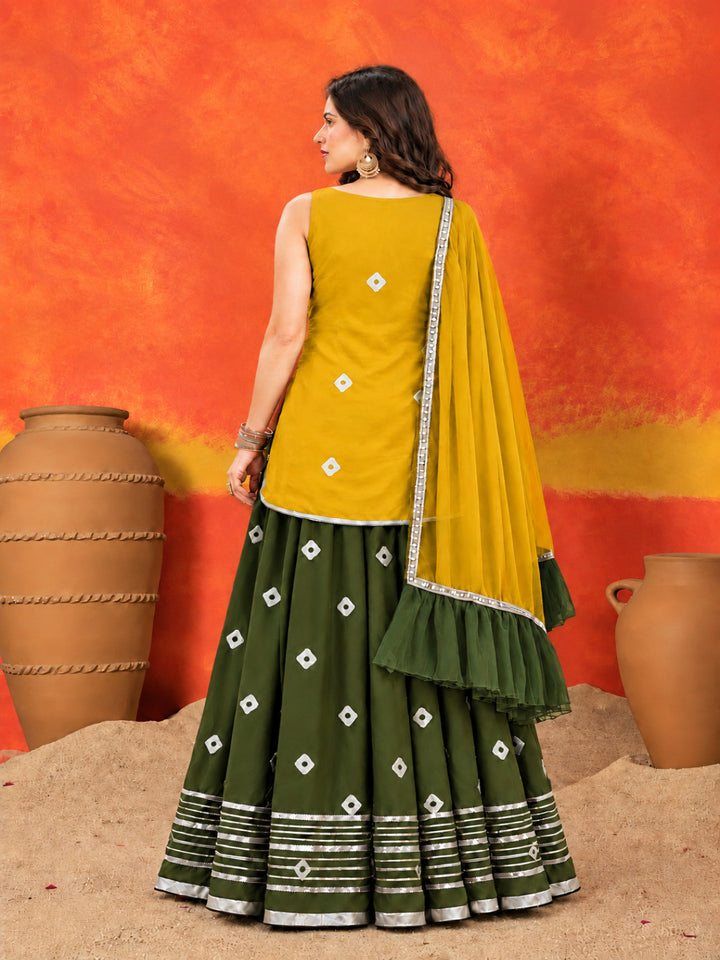 Bandhani Printed Rayon Straight Short Kurti Skirt Dupatta Set