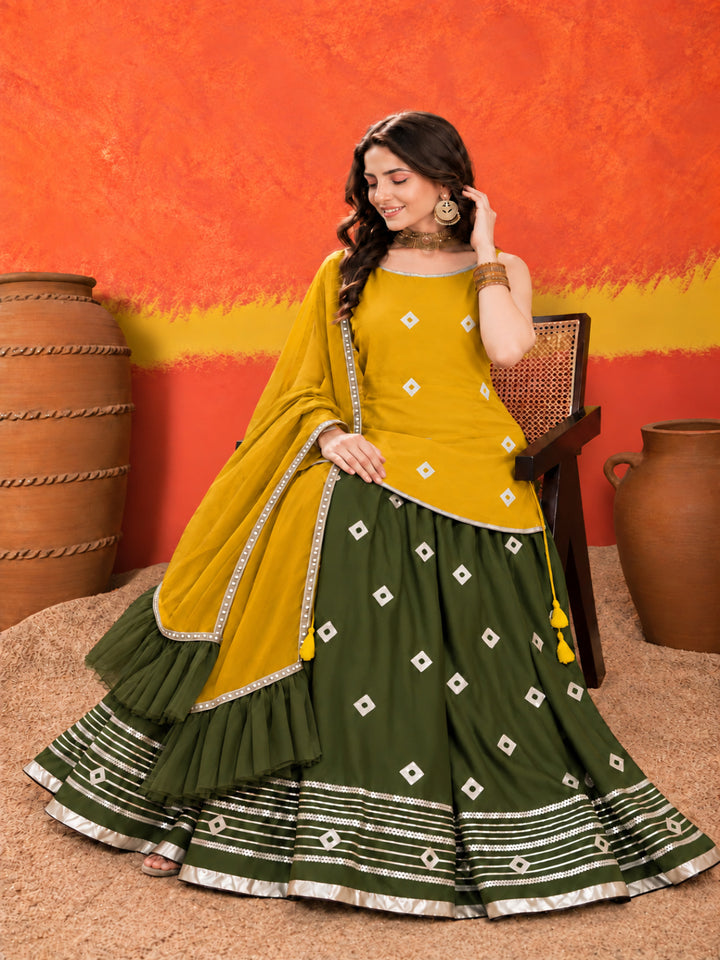 Bandhani Printed Rayon Straight Short Kurti Skirt Dupatta Set