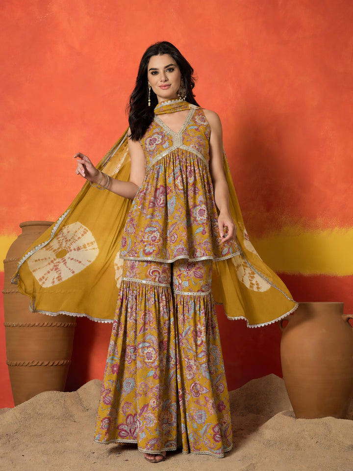 Floral Printed Pure Cotton A-Line Short Kurti Sharara Dupatta Set