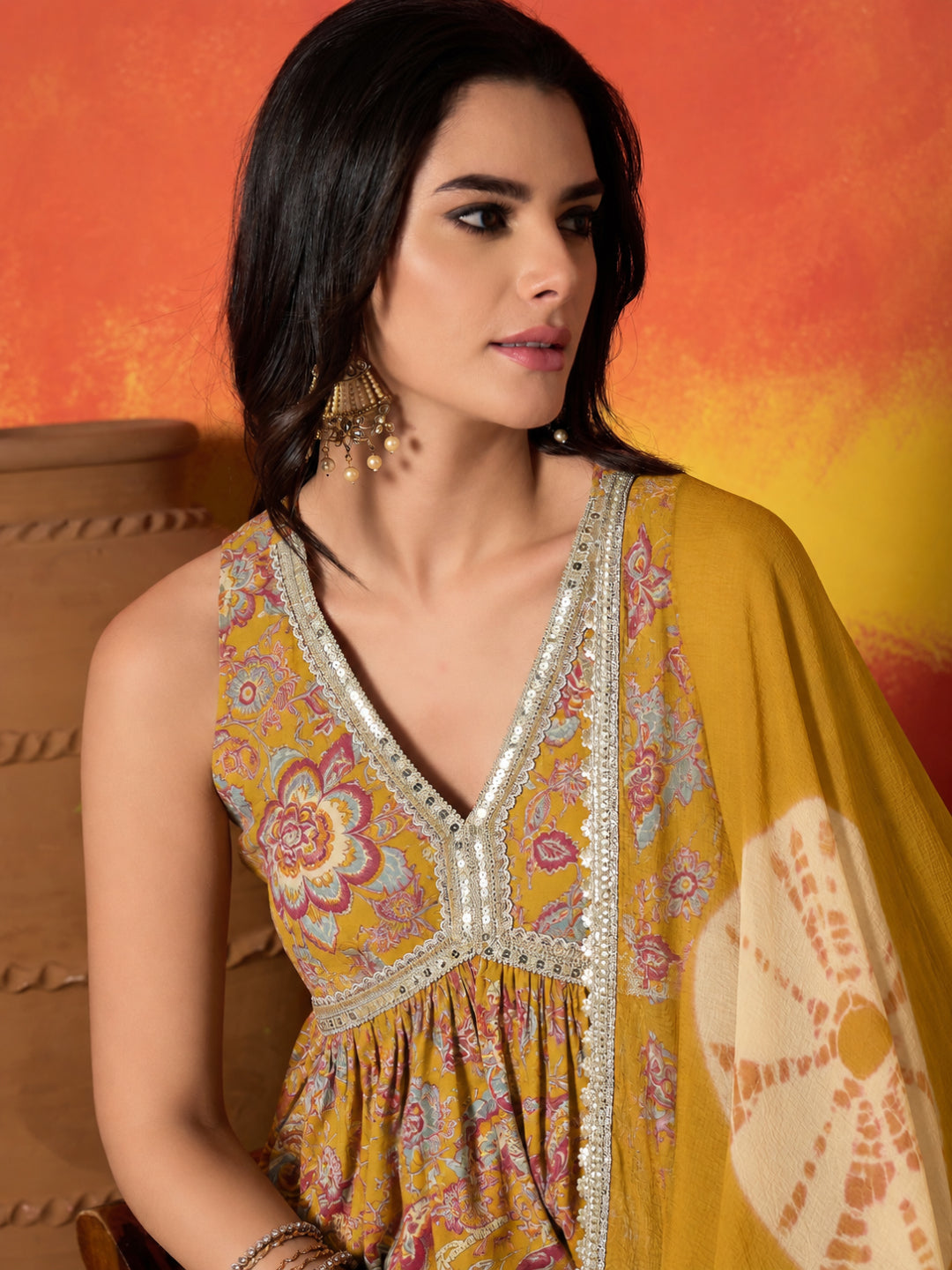 Floral Printed Pure Cotton A-Line Short Kurti Sharara Dupatta Set