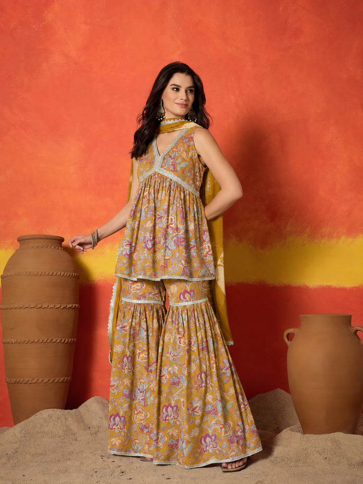 Floral Printed Pure Cotton A-Line Short Kurti Sharara Dupatta Set