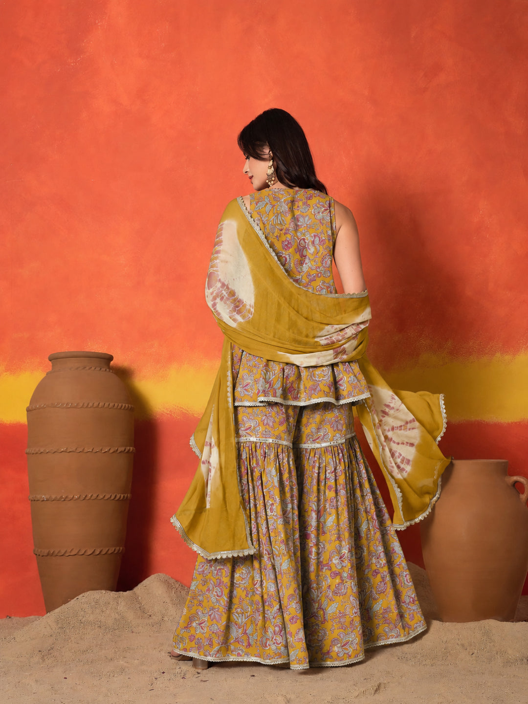 Floral Printed Pure Cotton A-Line Short Kurti Sharara Dupatta Set
