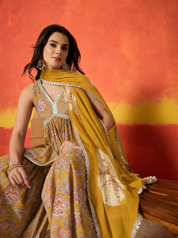 Floral Printed Pure Cotton A-Line Short Kurti Sharara Dupatta Set