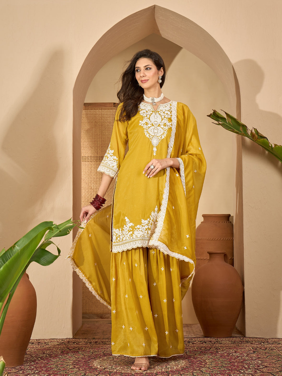 Solid &amp; Embroidered Net Straight Kurti Sharara Dupatta Set