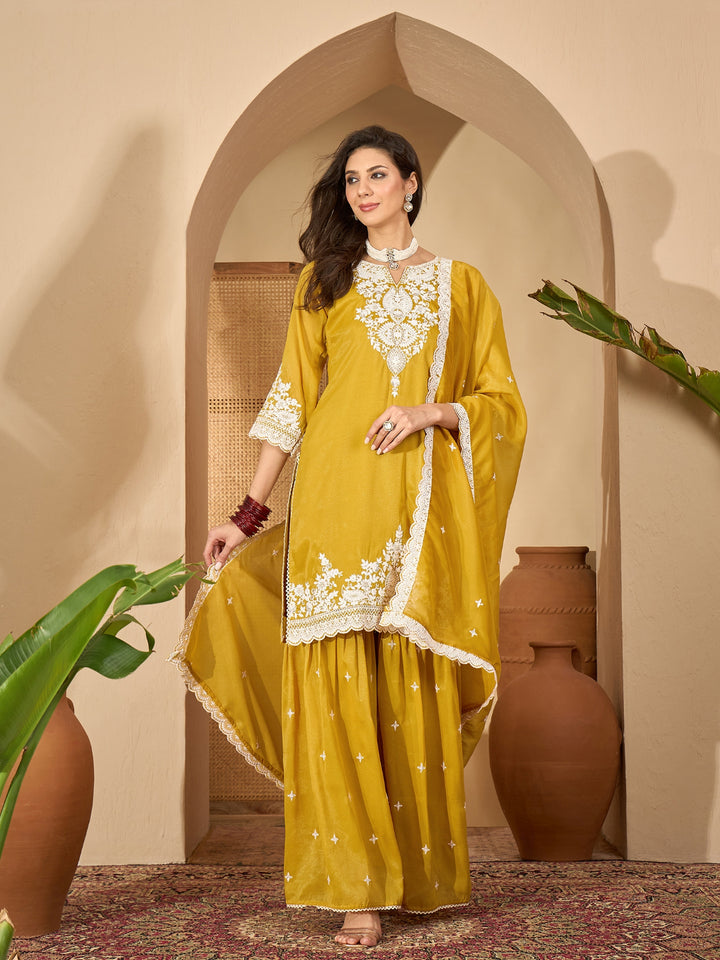 Solid &amp; Embroidered Net Straight Kurti Sharara Dupatta Set