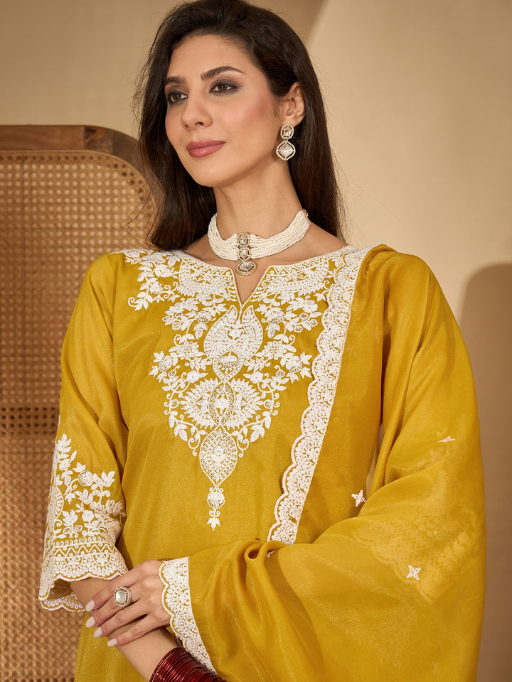 Solid &amp; Embroidered Net Straight Kurti Sharara Dupatta Set