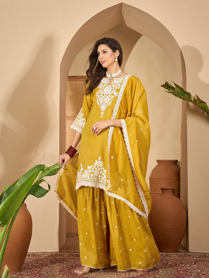 Solid &amp; Embroidered Net Straight Kurti Sharara Dupatta Set