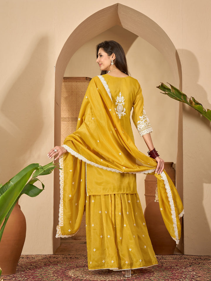 Solid &amp; Embroidered Net Straight Kurti Sharara Dupatta Set