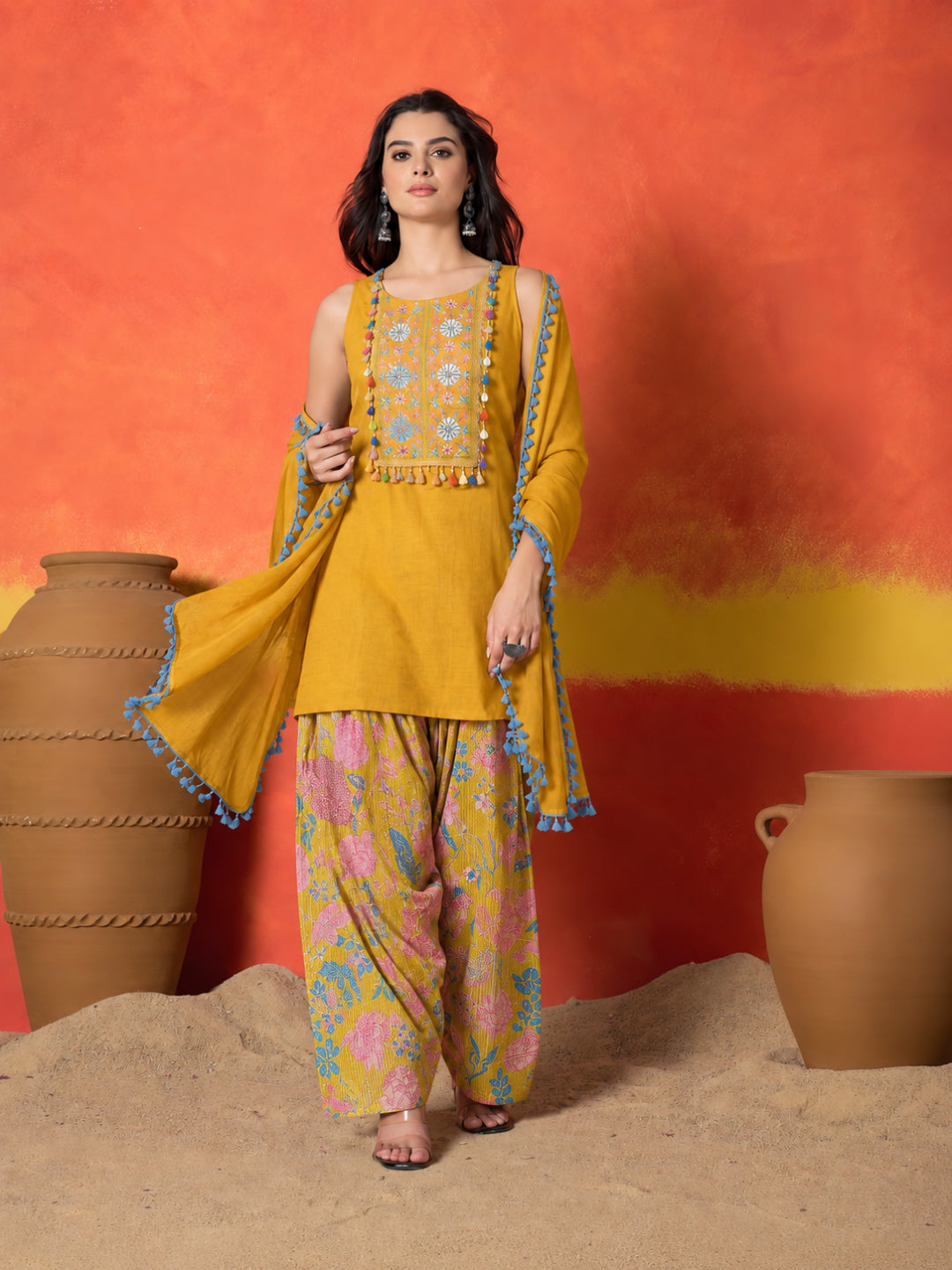 Solid &amp; Embroidered Pure Cotton Straight Kurti Farshi Salwar With Dupatta