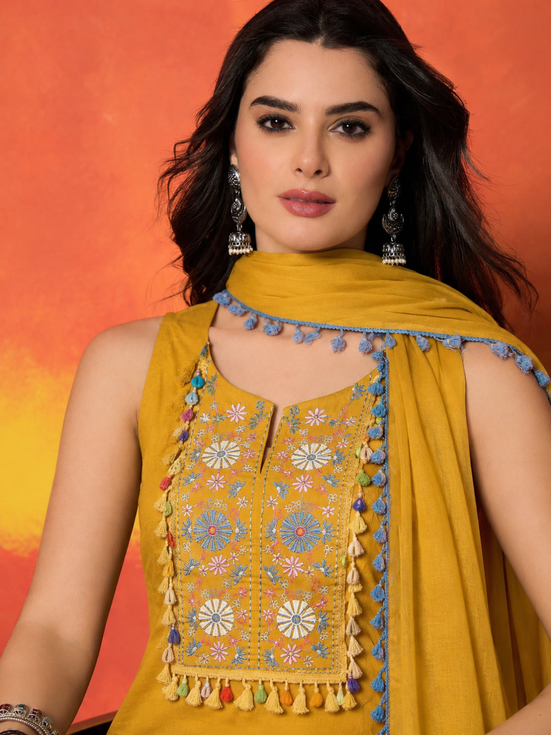 Solid &amp; Embroidered Pure Cotton Straight Kurti Farshi Salwar With Dupatta
