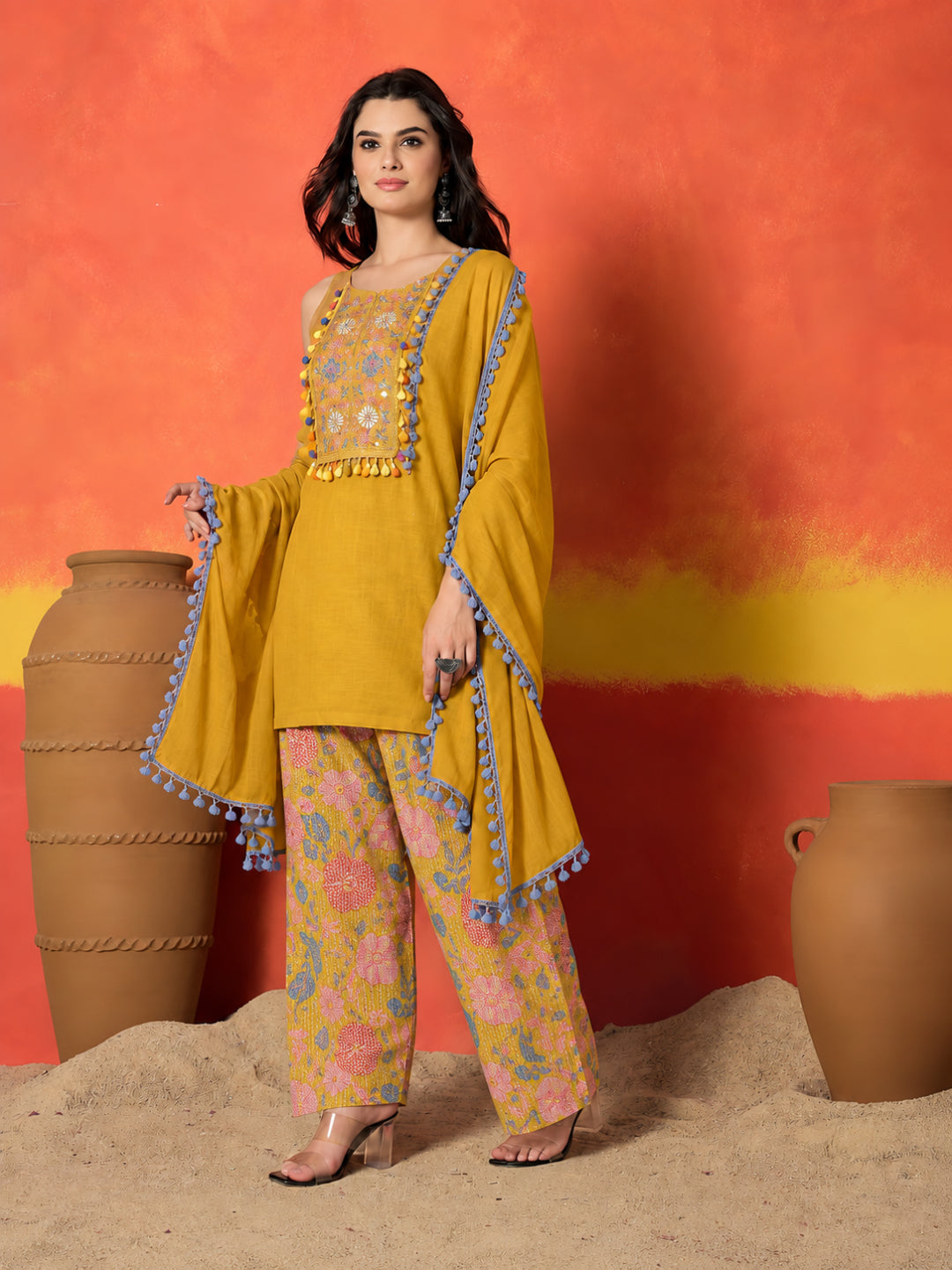 Solid &amp; Embroidered Pure Cotton Straight Kurti Farshi Salwar With Dupatta