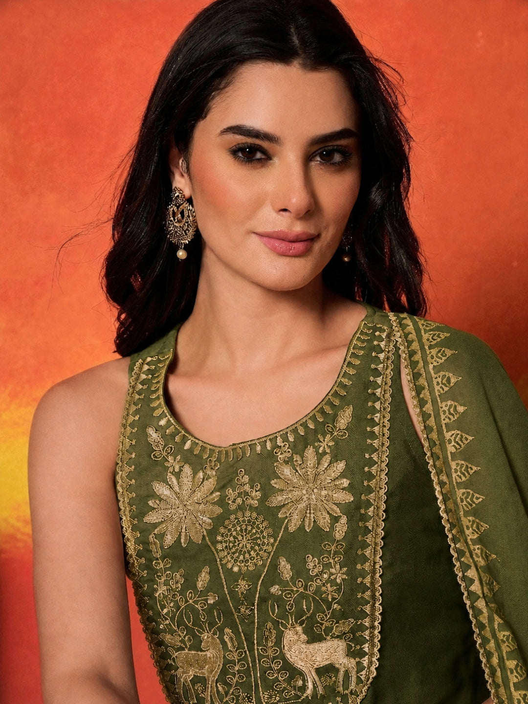 Gold Printed &amp; Embroidered Rayon Straight Short Kurti Farshi Salwar Dupatta Set
