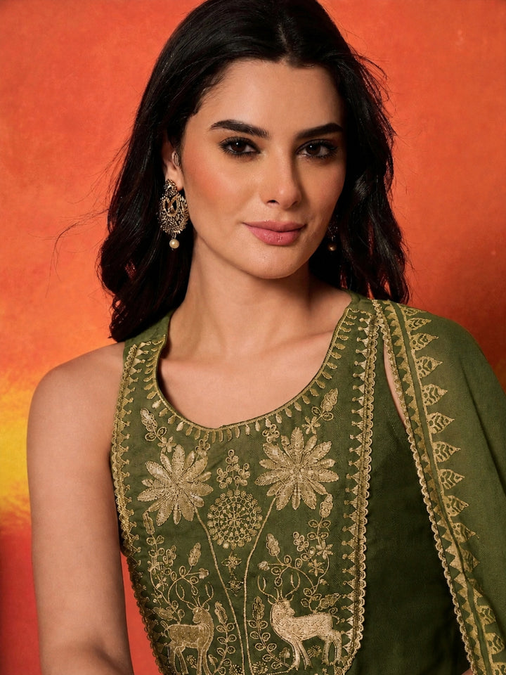 Gold Printed &amp; Embroidered Rayon Straight Short Kurti Farshi Salwar Dupatta Set
