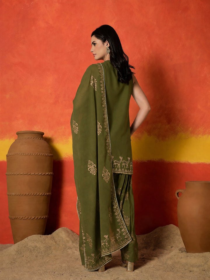 Gold Printed &amp; Embroidered Rayon Straight Short Kurti Farshi Salwar Dupatta Set
