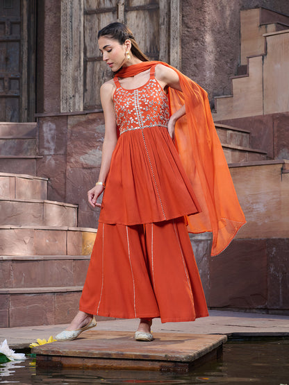 Orange Solid & Embroidered Rayon Short Kurti Sharara Dupatta Set