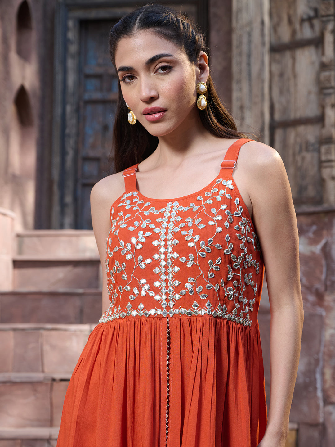 Orange Solid &amp; Embroidered Rayon Short Kurti Sharara Dupatta Set