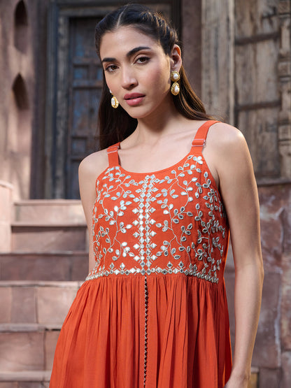 Orange Solid & Embroidered Rayon Short Kurti Sharara Dupatta Set
